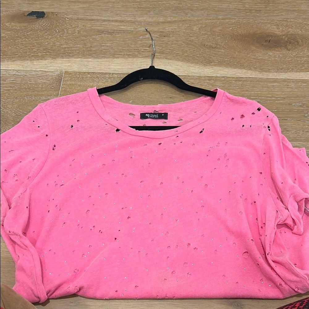 Michael Lauren Hot Pink Distressed Short Sleeve Tee - Picture 11 of 11